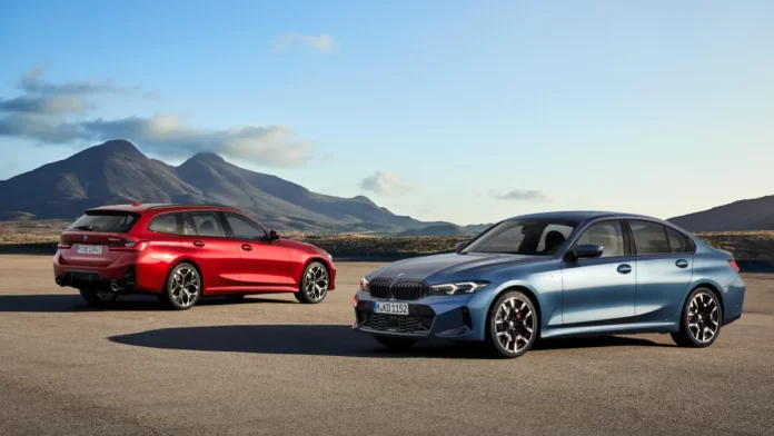 Vue avant de la BMW Série 3 2024 en couleur Arctic Race Blue Sedan et Break