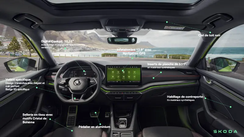 Vue intérieure de la Škoda Octavia RS, finition noire